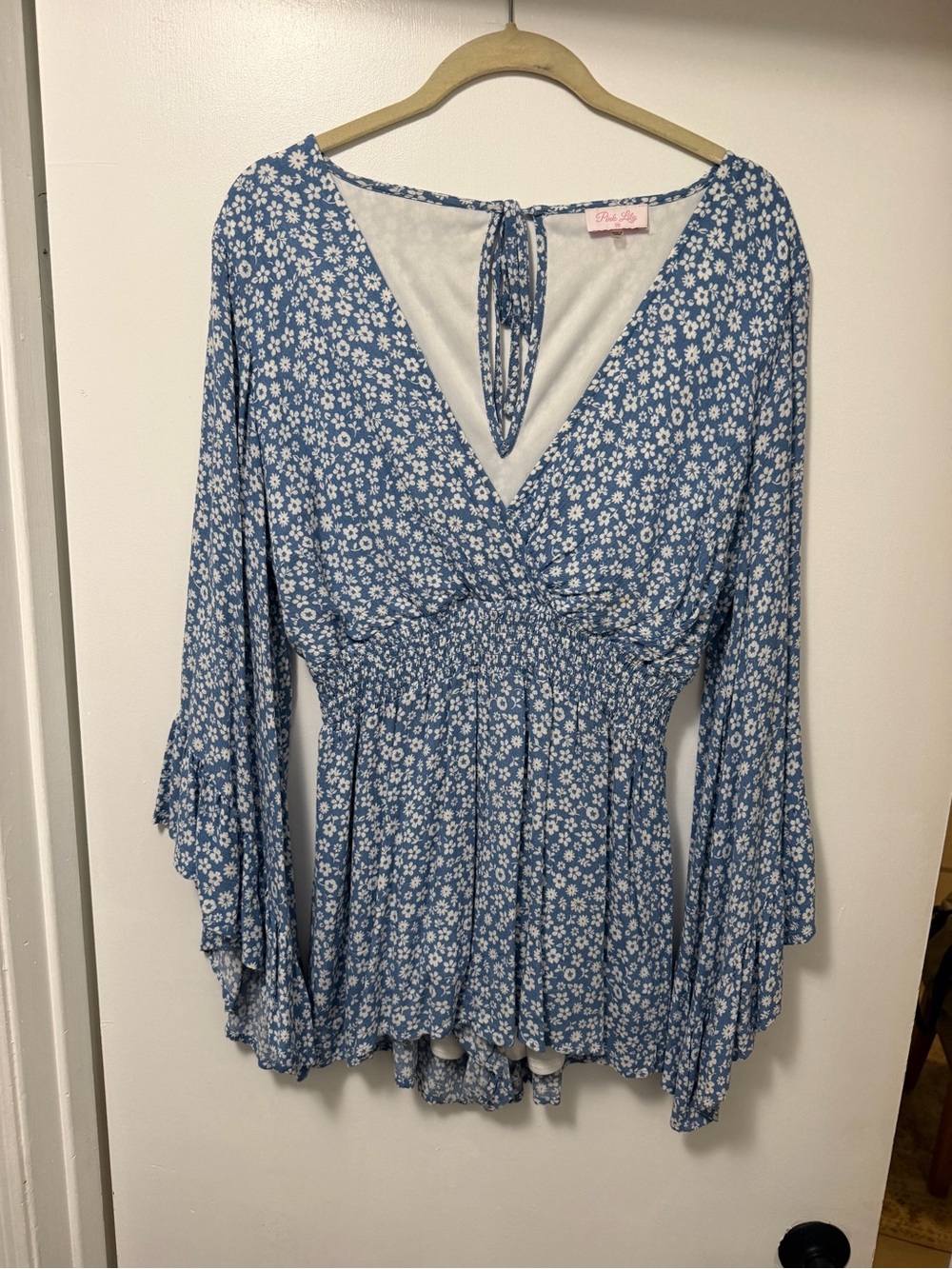 Blue Floral V-Neck Smocked Waist Women’s Romper